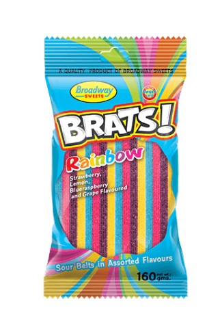 Brats! Rainbow Sour Belts Strawberry, Lemon, Blue Raspberry, Grape 160g